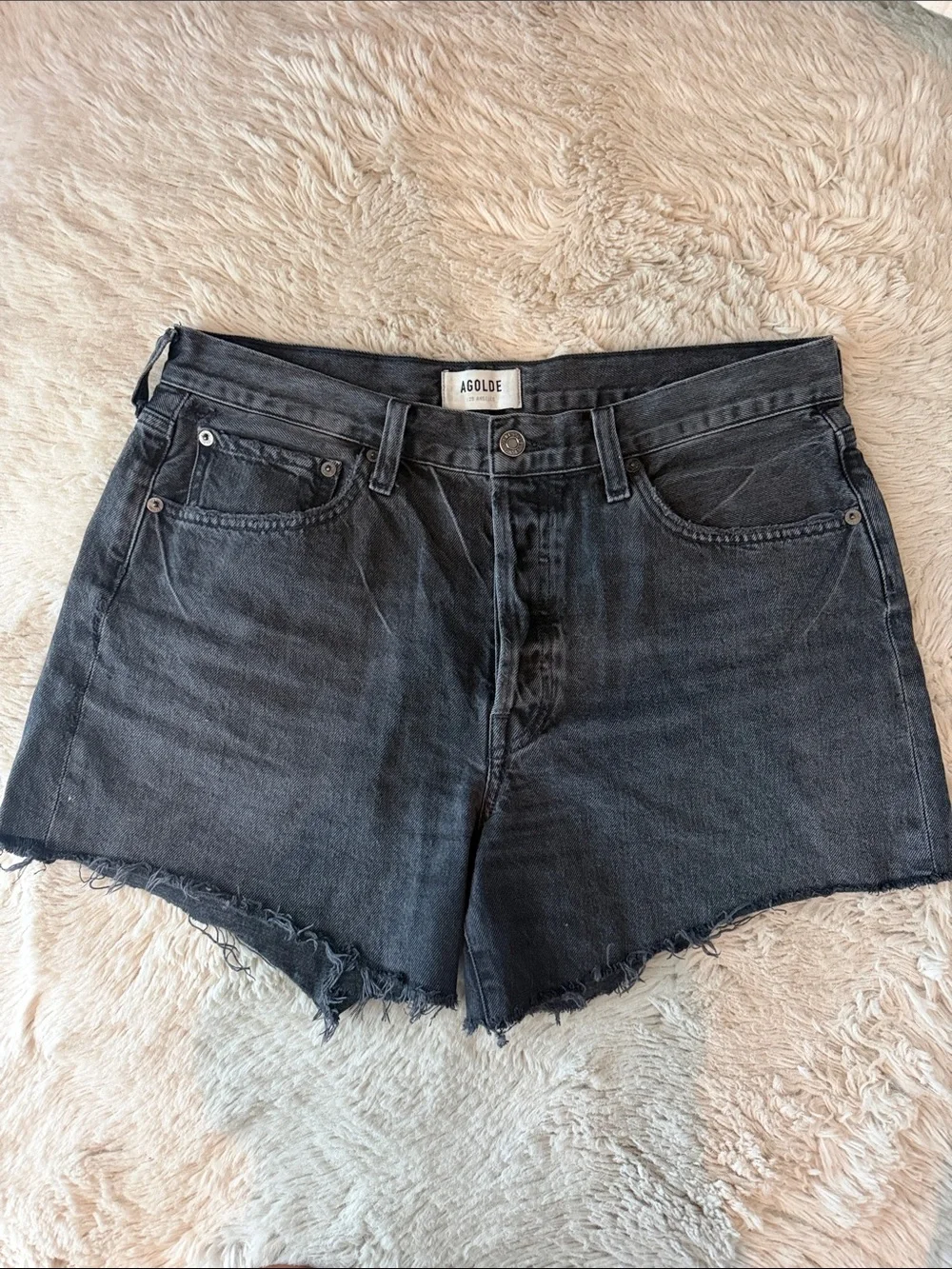 Agolde Parker long washed Black High-Rise Raw Hem Denim Shorts